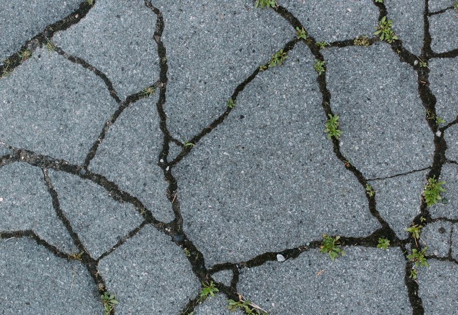 Alligator cracking across a worn driveway with weeds growing through the cracks